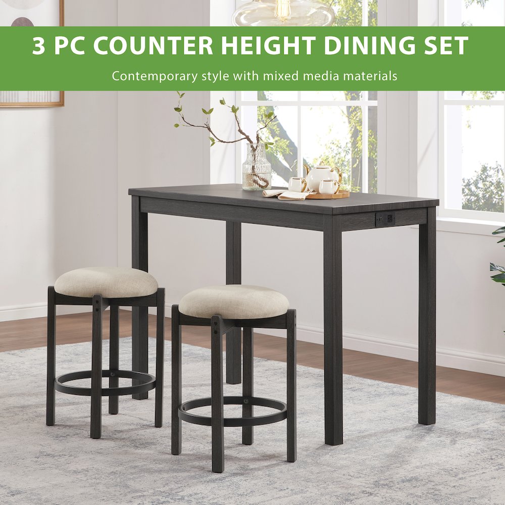 Melissa 3-PC  Counter Height Table Dining Set with Power, 2 Stools. Picture 16