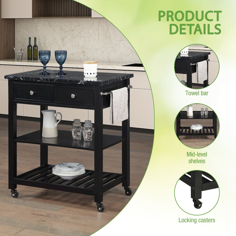 Litchfield Kitchen Cart With Faux Marble Top in Black Finish. Picture 11