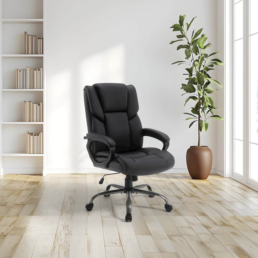 Mid-Back in Black Faux Leather Executive Chair with Padded Arms. Picture 2