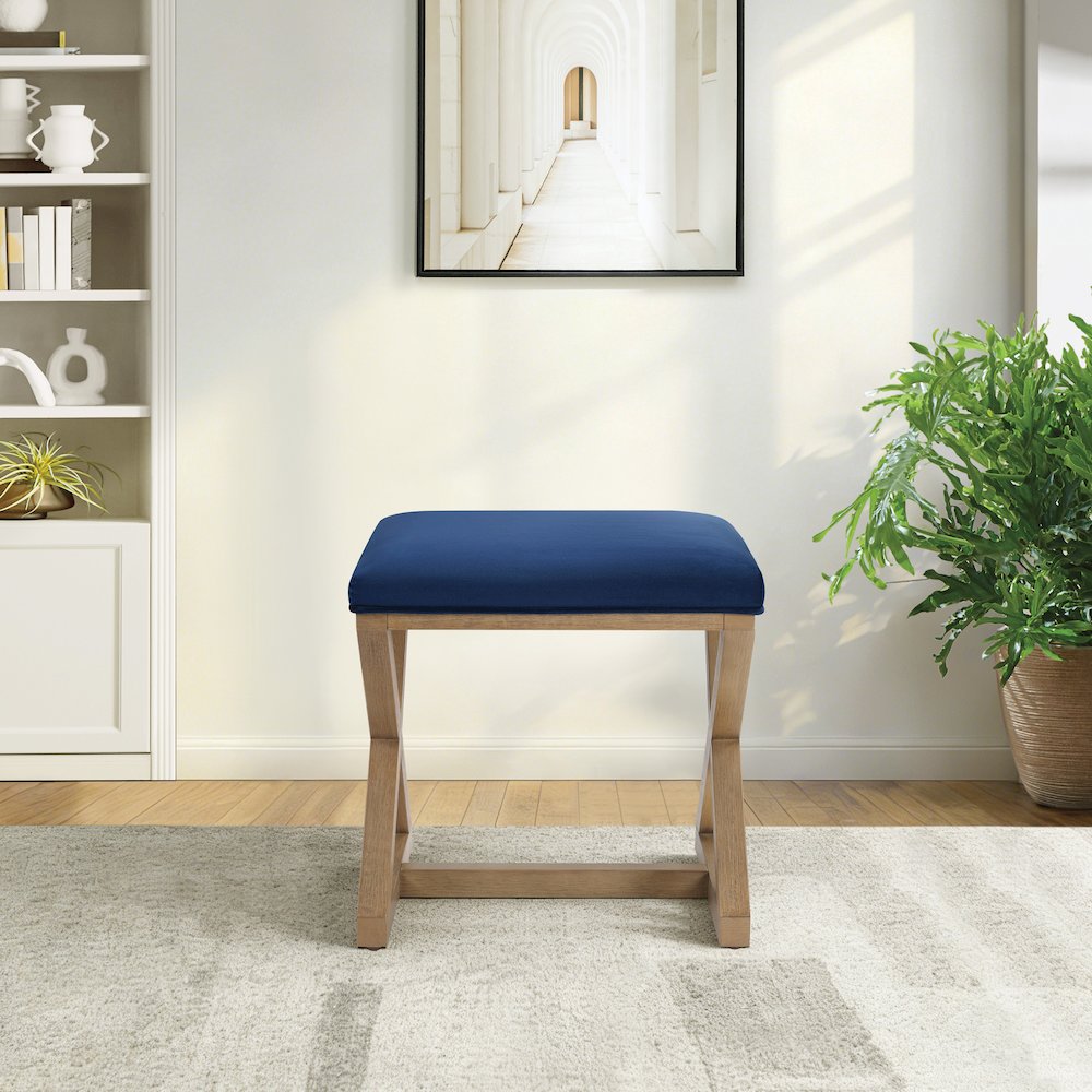 Carson X-Frame Stool in Navy Fabric and Medium Oak Finish Wood. Picture 8