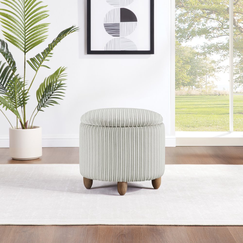 Lyra Storage Ottoman in Taupe Cord Fabric with Medium Oak Legs. Picture 5