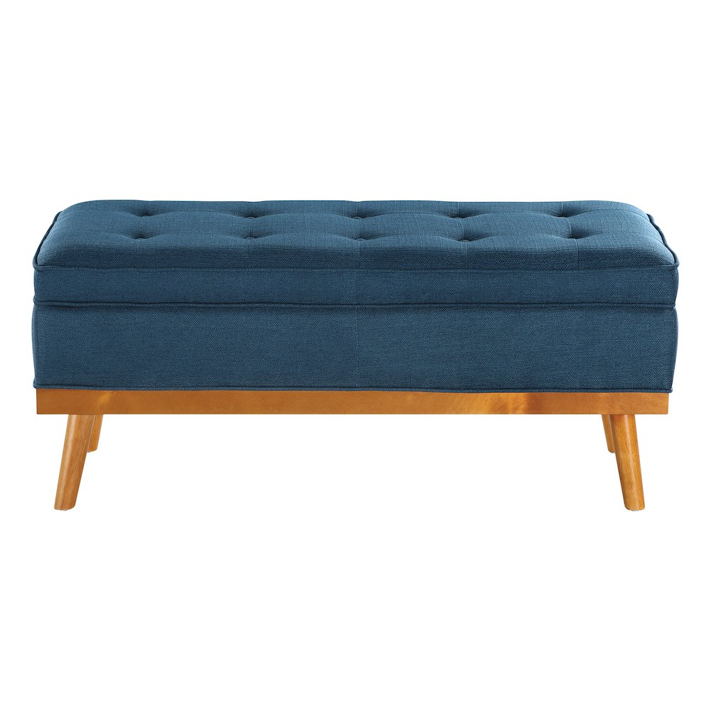Katheryn Storage Bench in Azure Fabric with Spice Finish Legs. Picture 2