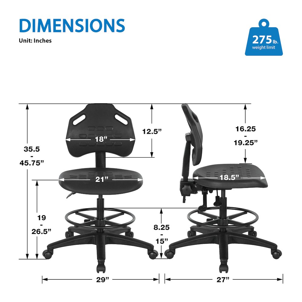 Black Self Skinned Urethane Intermediate Drafting Chair With Adjustable Black. Picture 2