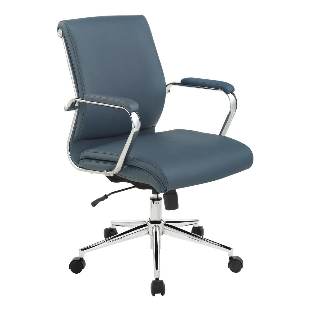 Mid Back Manager's Chair with Dillon Blue Antimicrobial Fabric and Chrome Base. Picture 1