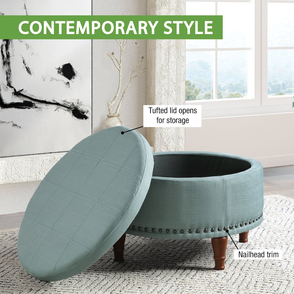 Alloway Storage Ottoman in Sea Blue Fabric with Antique Bronze Nailheads. Picture 6