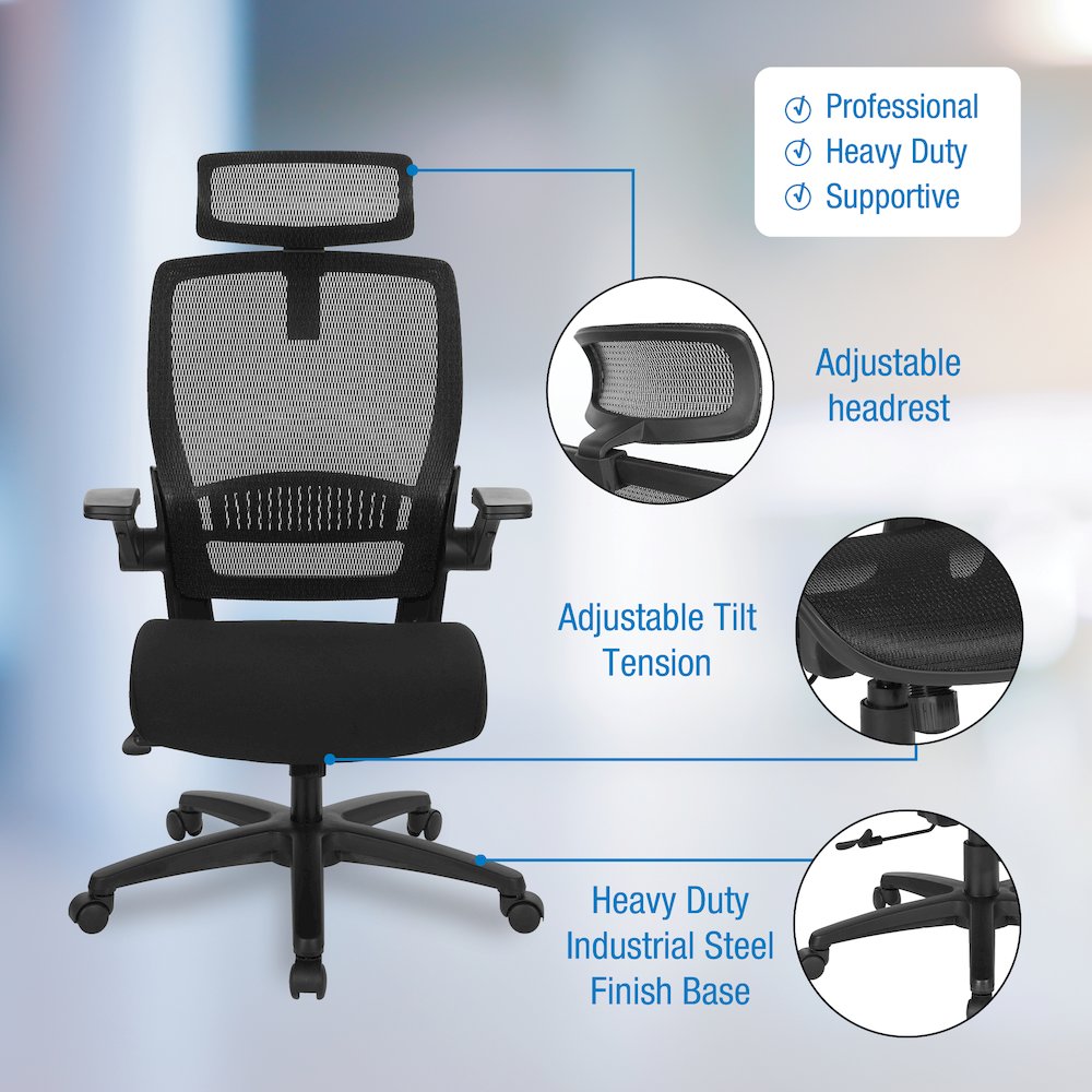 Managers Chair With Mesh Back And Seat And Adjustable Flip Arms And Headrest. Picture 14