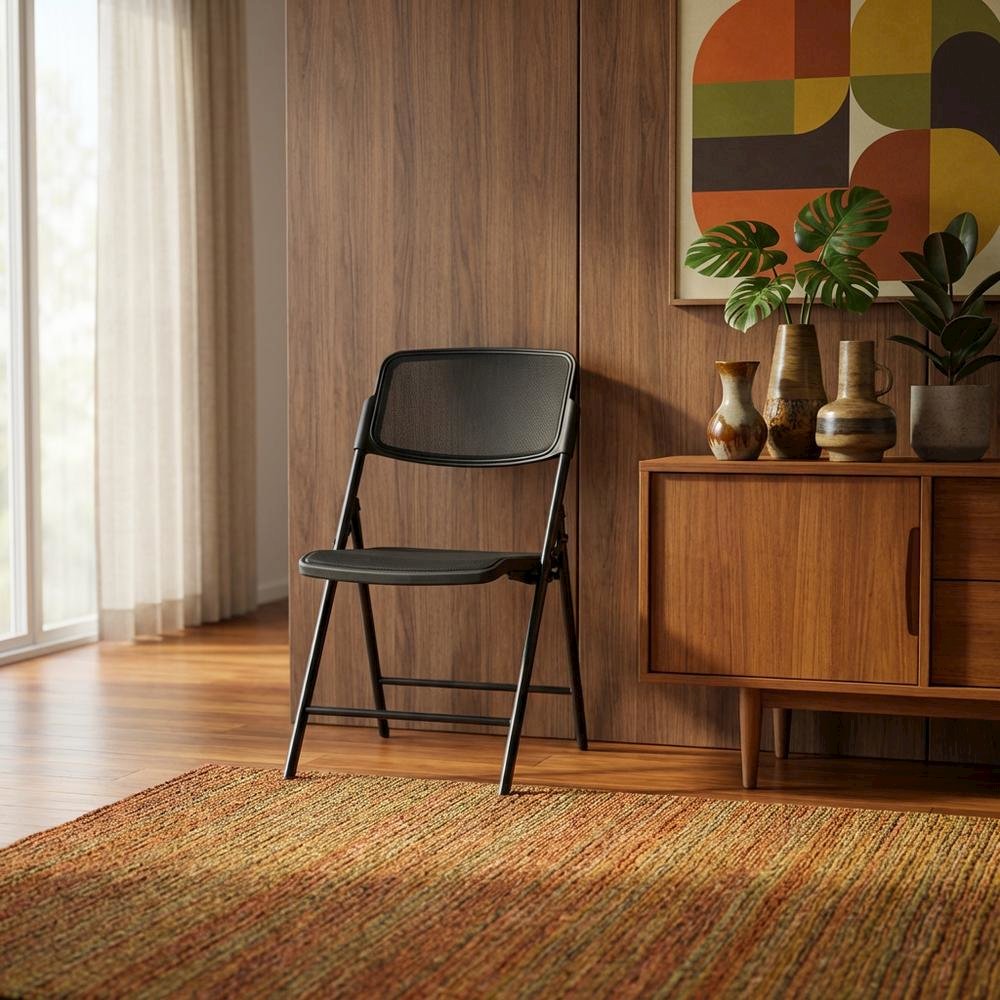 Black Mesh Folding Chair, Breathable Seat and Back, Lightweight Steel Frame. Picture 3