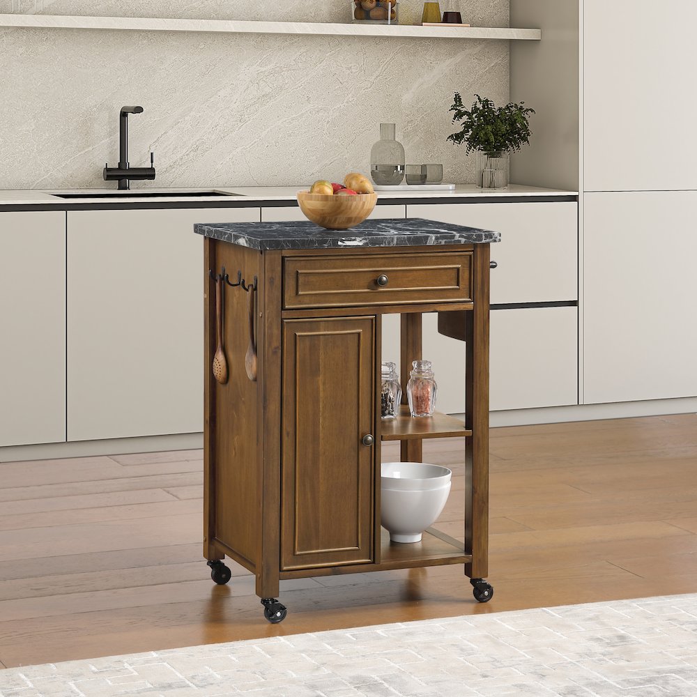 Fairmont Kitchen Cart With Faux Marble Top and Oak Finish Wood. Picture 9