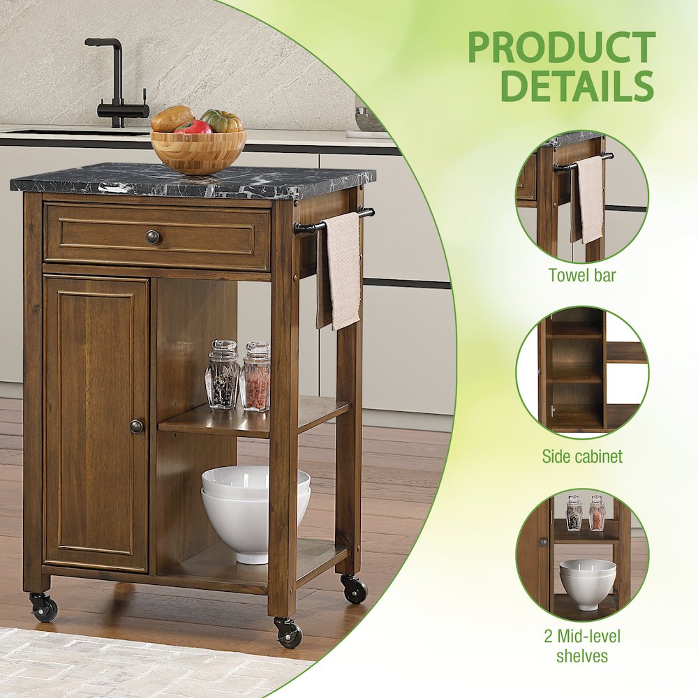 Fairmont Kitchen Cart With Faux Marble Top and Oak Finish Wood. Picture 12