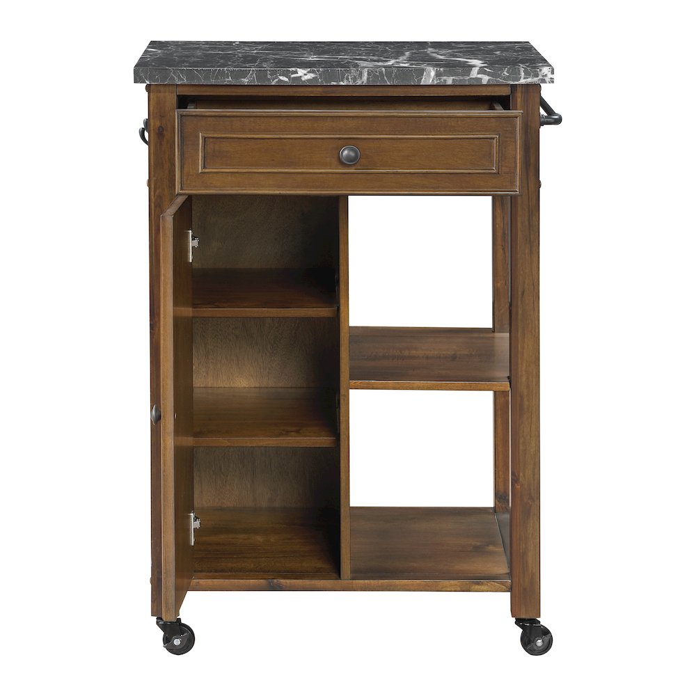Fairmont Kitchen Cart With Faux Marble Top and Oak Finish Wood. Picture 6