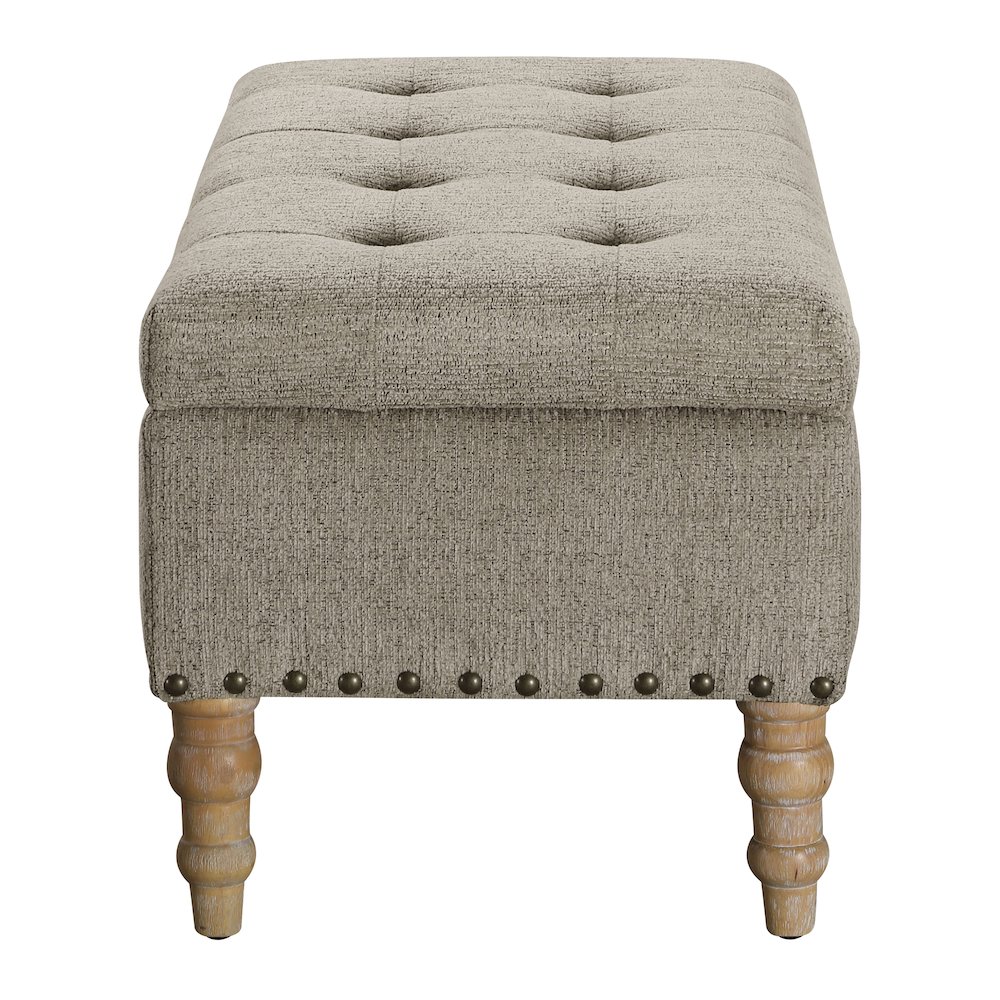 Woodbury Storage Bench In Taupe With Antique Bronze Nail Heads With Brushed Legs. Picture 4