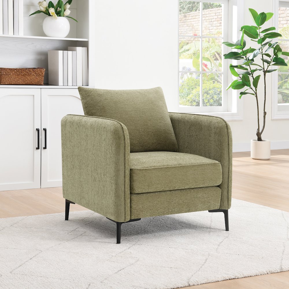 Newhaven Accent Chair in Sea Green Fabric with Black Metal Legs. Picture 2