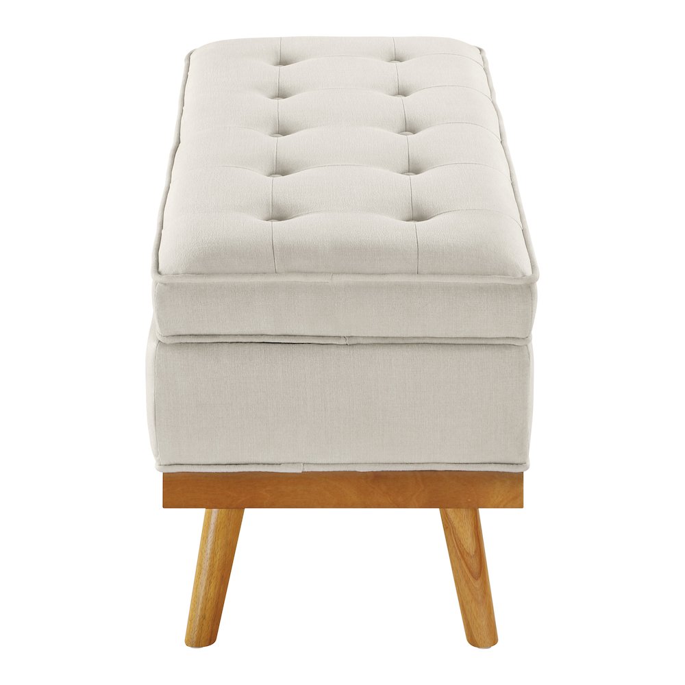 Katheryn Storage Bench in Wheat Fabric with Spice Finish Legs. Picture 3