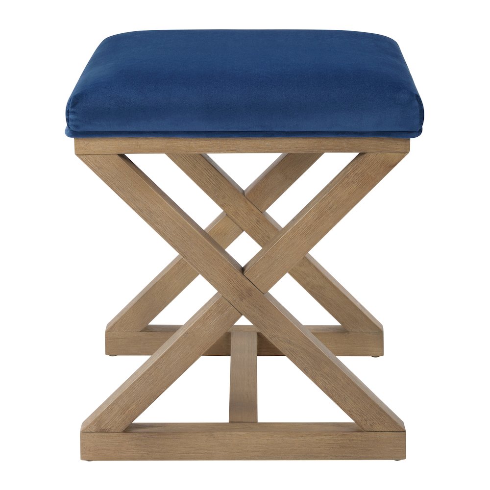 Carson X-Frame Stool in Navy Fabric and Medium Oak Finish Wood. Picture 4