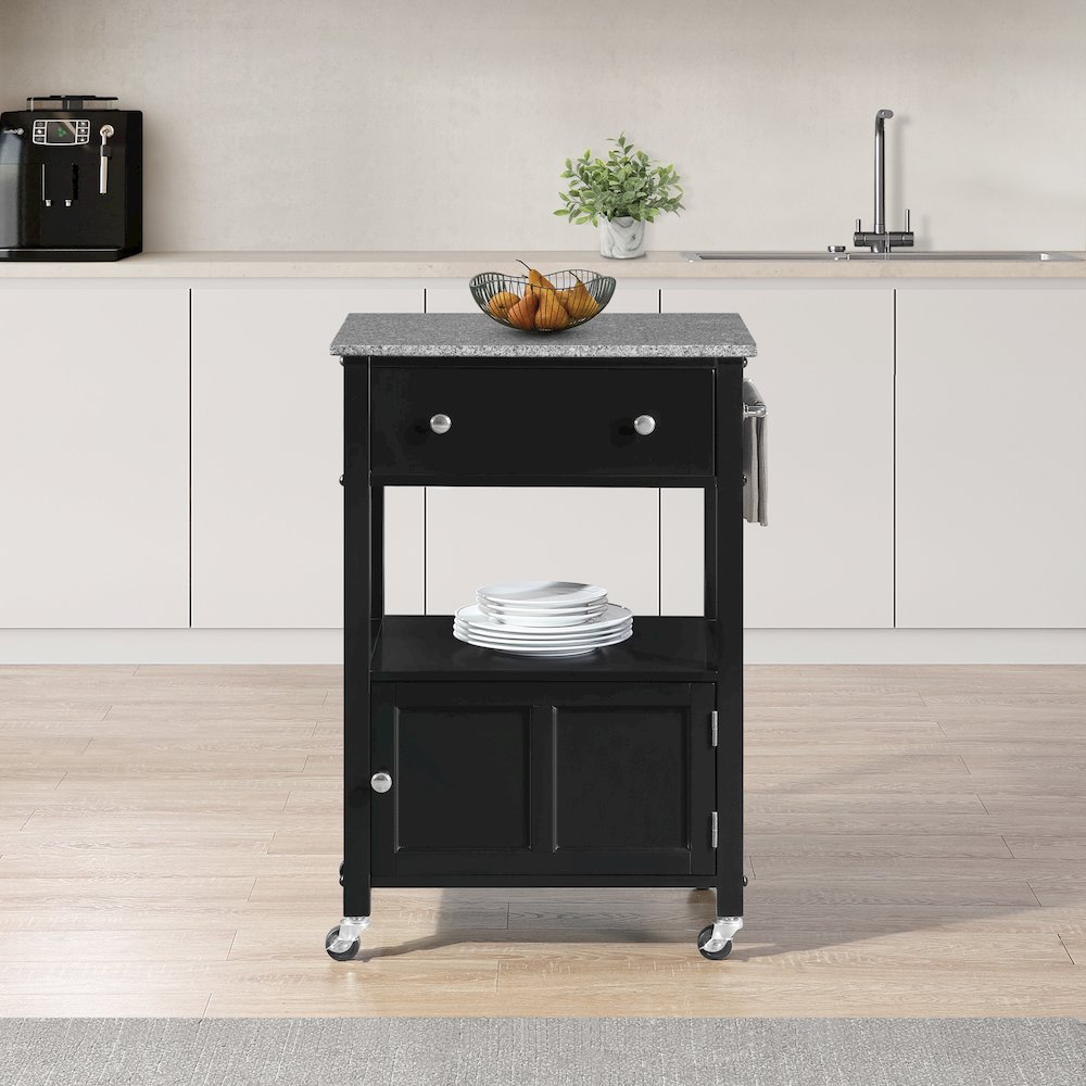 Fairfax Kitchen Cart with Granite Top and Black Base. Picture 9