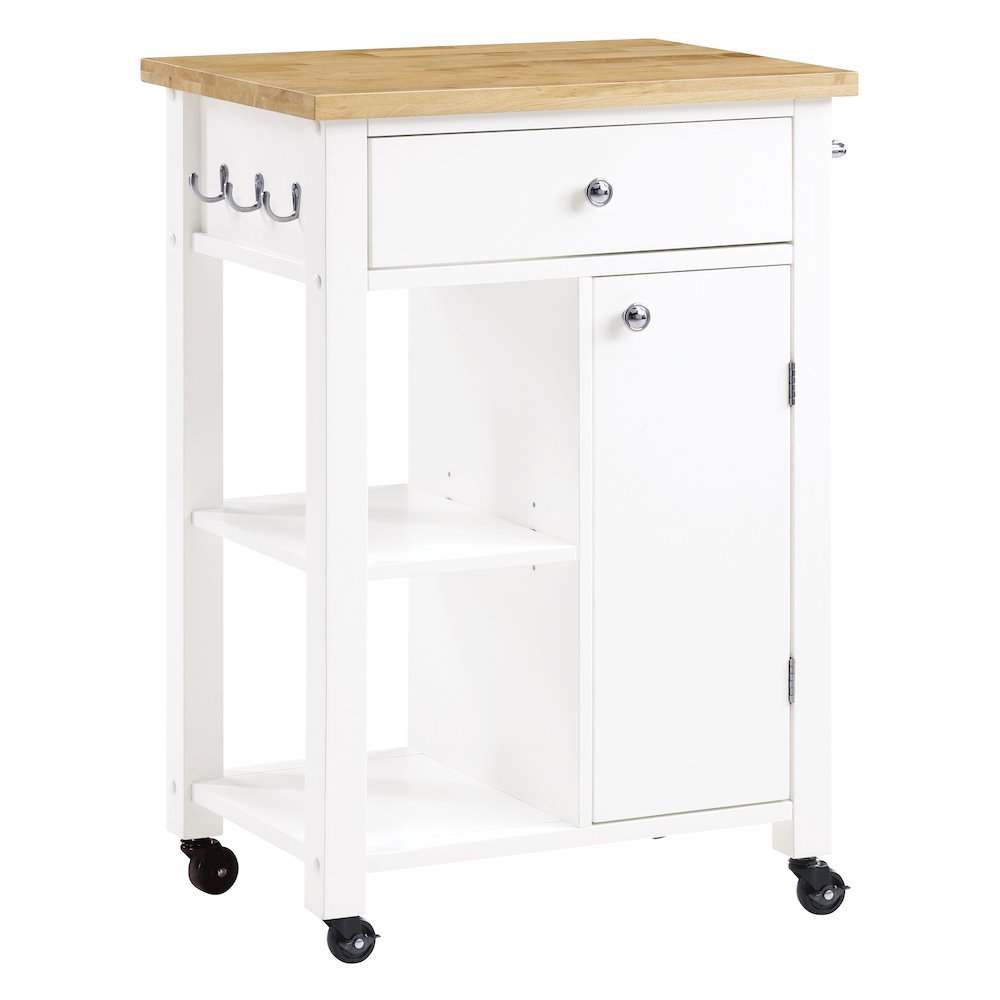 Derry Kitchen Cart with Natural Butcher Block Top With White Finish. Picture 1