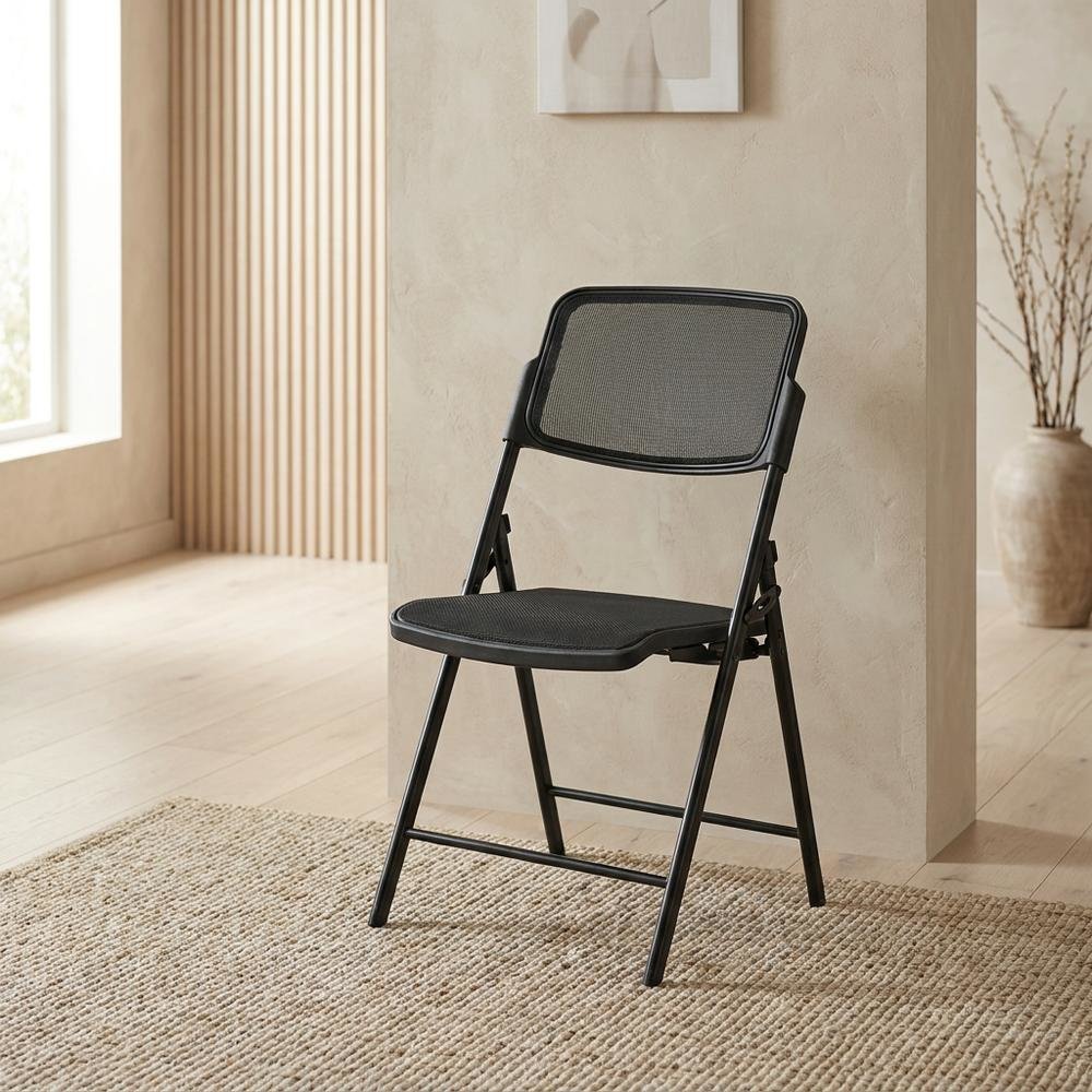 Black Mesh Folding Chair, Breathable Seat and Back, Lightweight Steel Frame. Picture 2