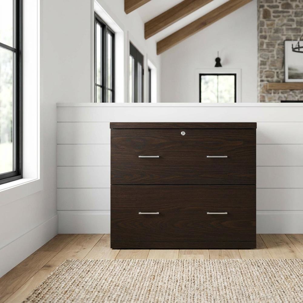 Brown Engineered Wood Wide Two-Drawer Lateral File Cabinet Office. Picture 2