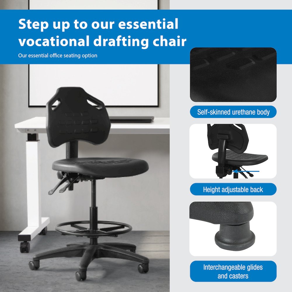 Black Self Skinned Urethane Intermediate Drafting Chair With Adjustable Black. Picture 10