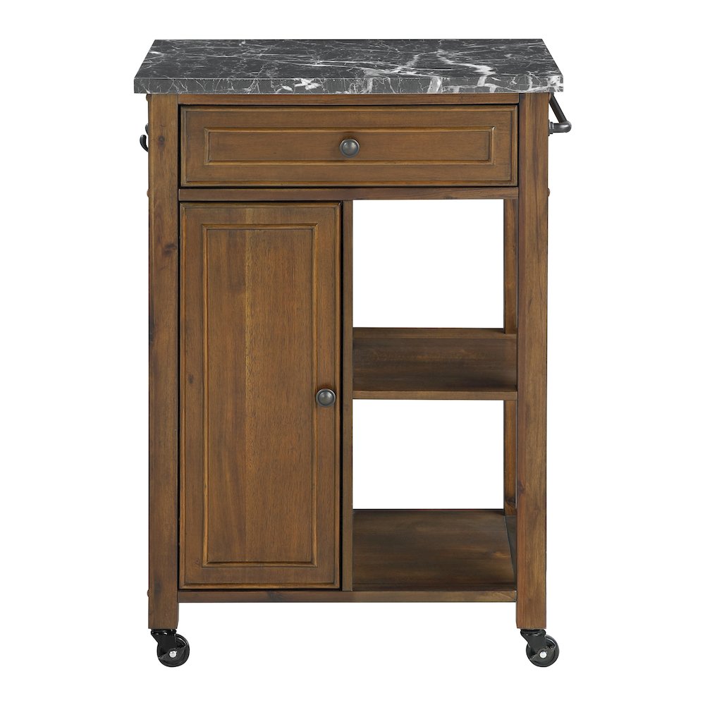 Fairmont Kitchen Cart With Faux Marble Top and Oak Finish Wood. Picture 2