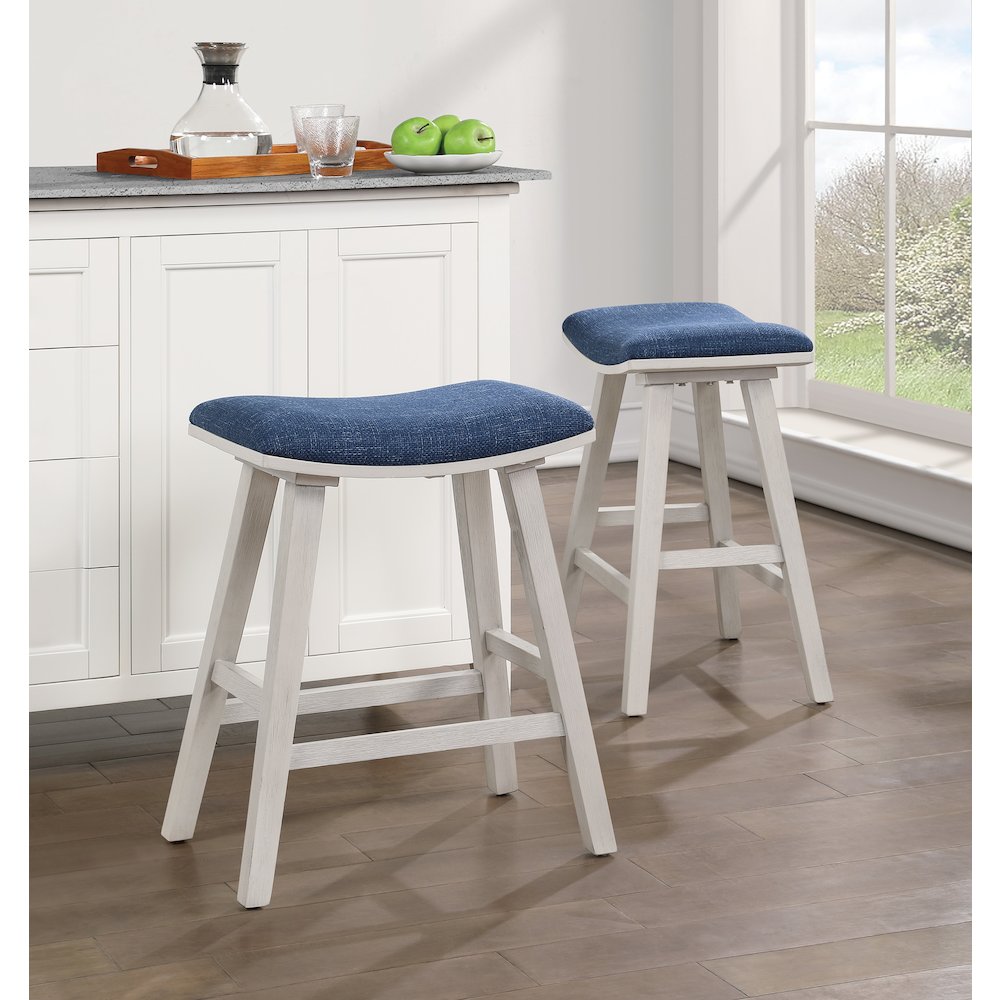 Coley 24" Saddle Stool 2-Pack with Navy Fabric Seat and White Wash Frame. Picture 8