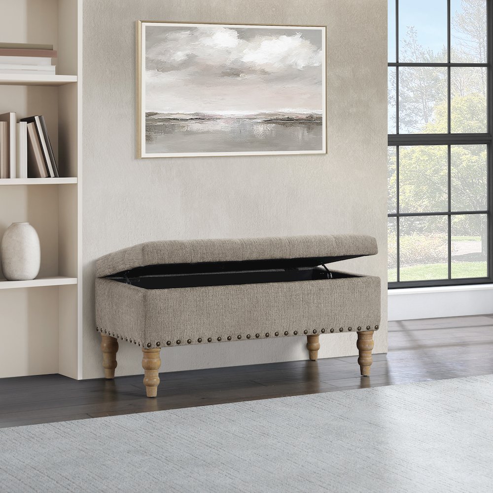 Woodbury Storage Bench In Taupe With Antique Bronze Nail Heads With Brushed Legs. Picture 9