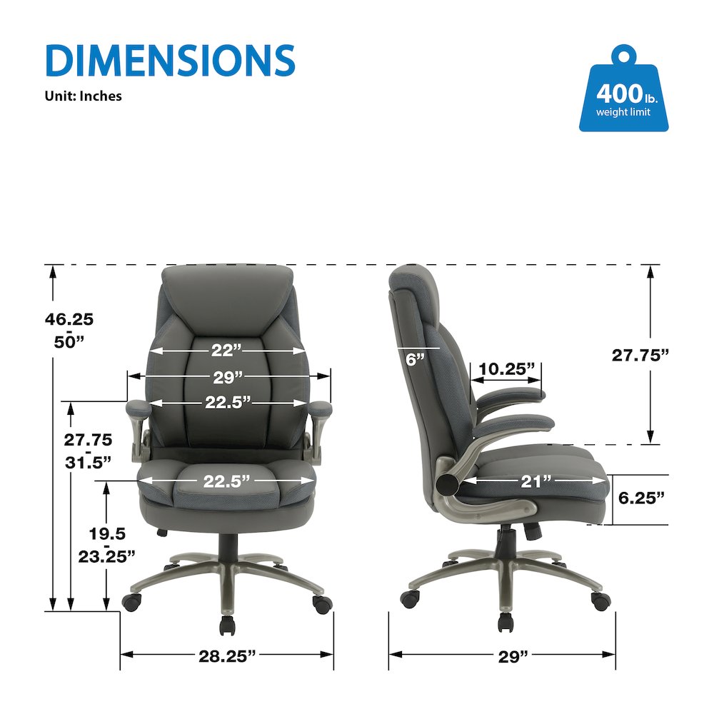 Grey Leather Big & Tall Chair with Padded Flip Arms and Titanium Base. Picture 8