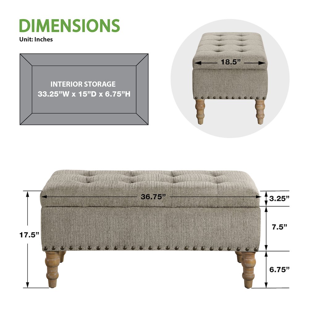 Woodbury Storage Bench In Taupe With Antique Bronze Nail Heads With Brushed Legs. Picture 2