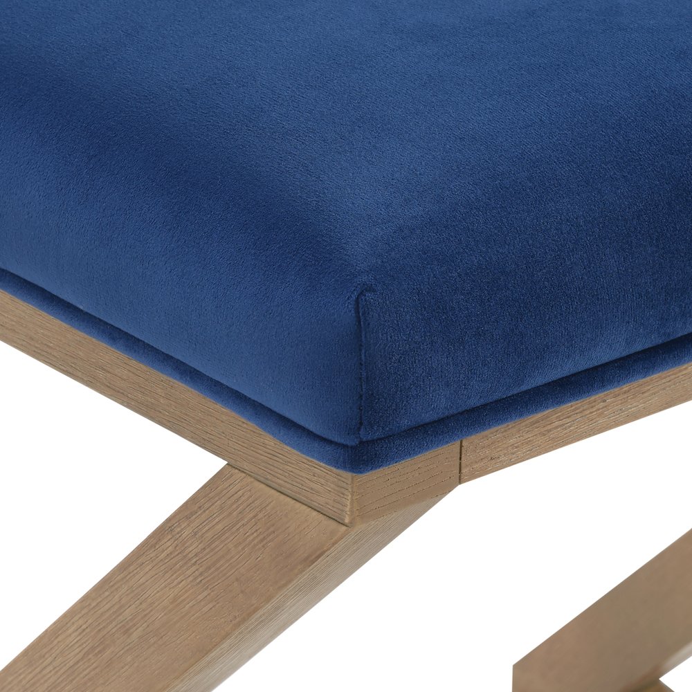 Carson X-Frame Stool in Navy Fabric and Medium Oak Finish Wood. Picture 9