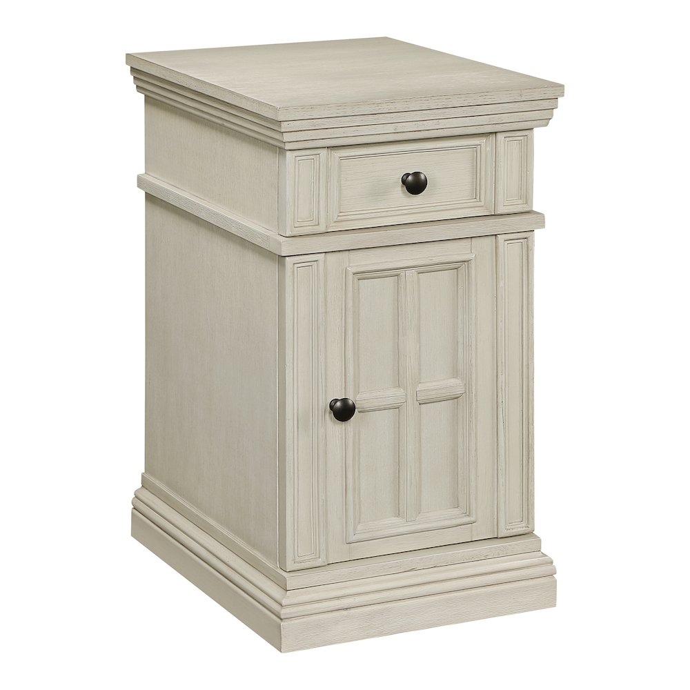 Chair Side Table with 1 Drawer and 1 Glass Door with Power Strip in White Finish. Picture 1
