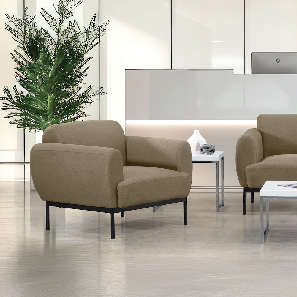 Delta Armchair in Taupe Fabric with Black Metal Legs. Picture 7