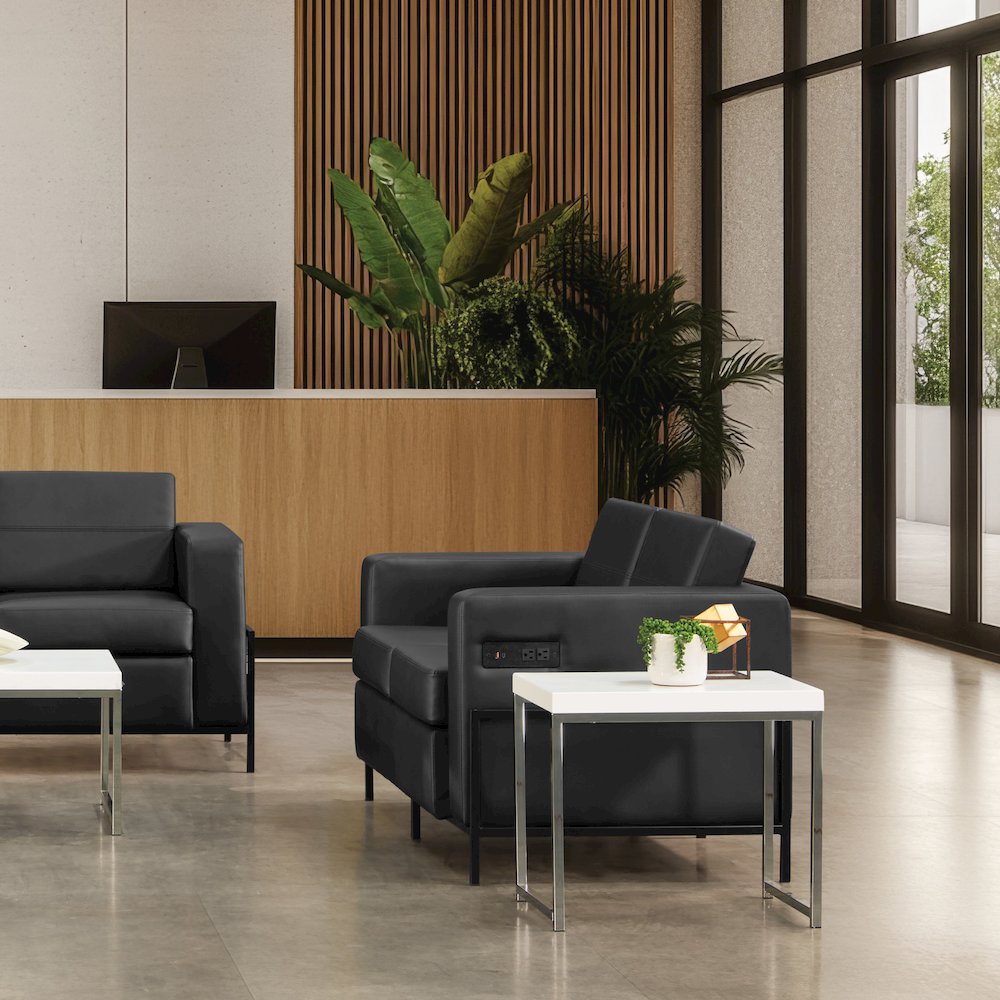 Arctic Loveseat in Black Faux Leather with USB and USB-C Charging Stations. Picture 7