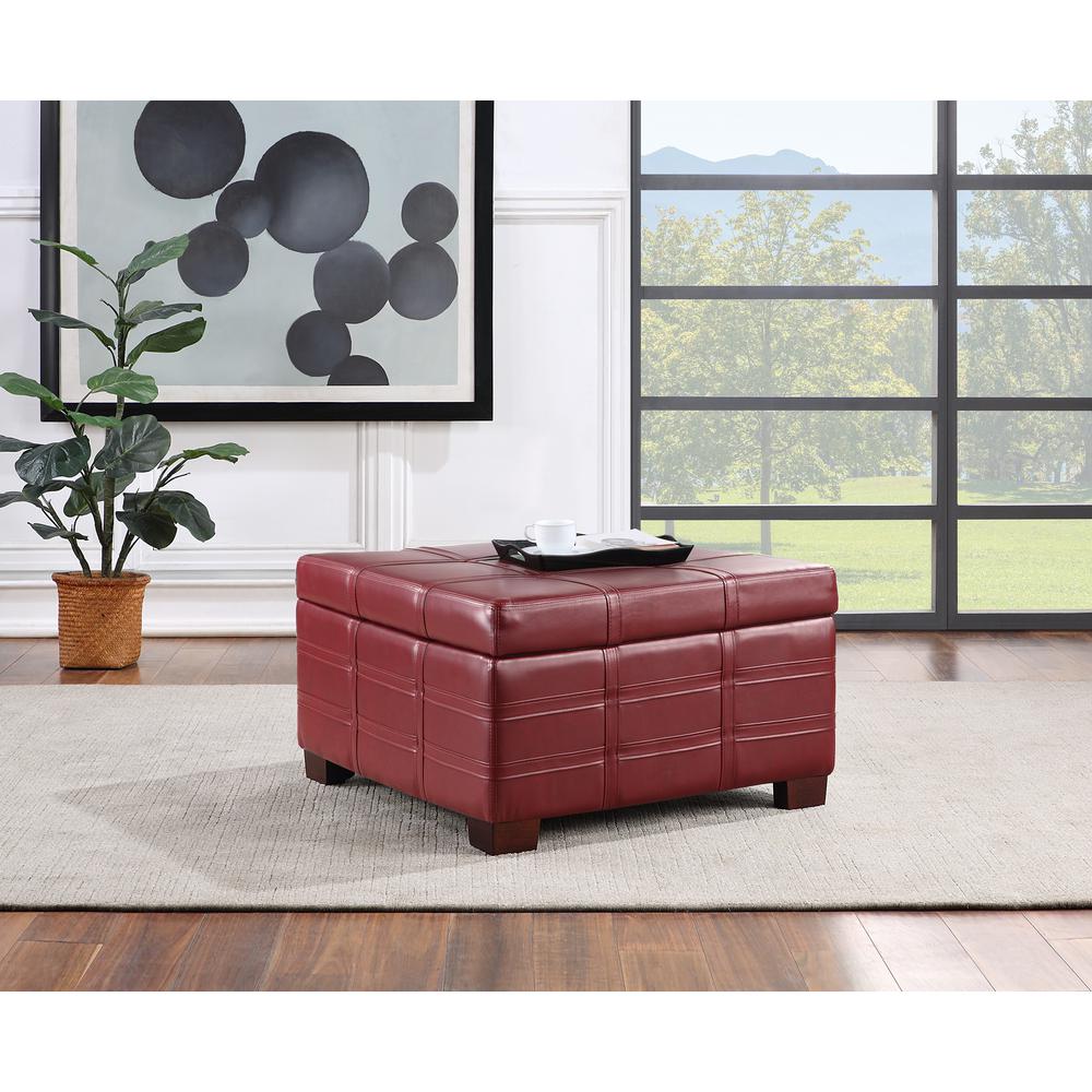 Detour Strap Square Storage Ottoman in Crimson Red Faux Leather, DTR3030S-RD. Picture 4
