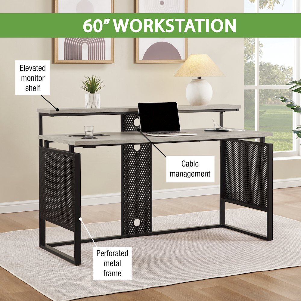 Ace 60" Desk with Hutch in Grey Taupe Top and Matte Black Frame. Picture 13