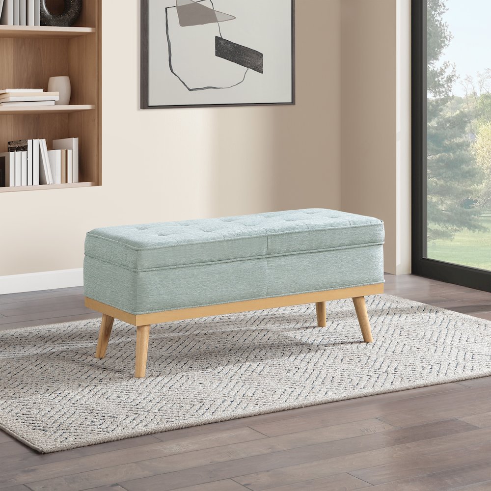 Katheryn Storage Bench in Mist Fabric with National Wood Legs. Picture 8