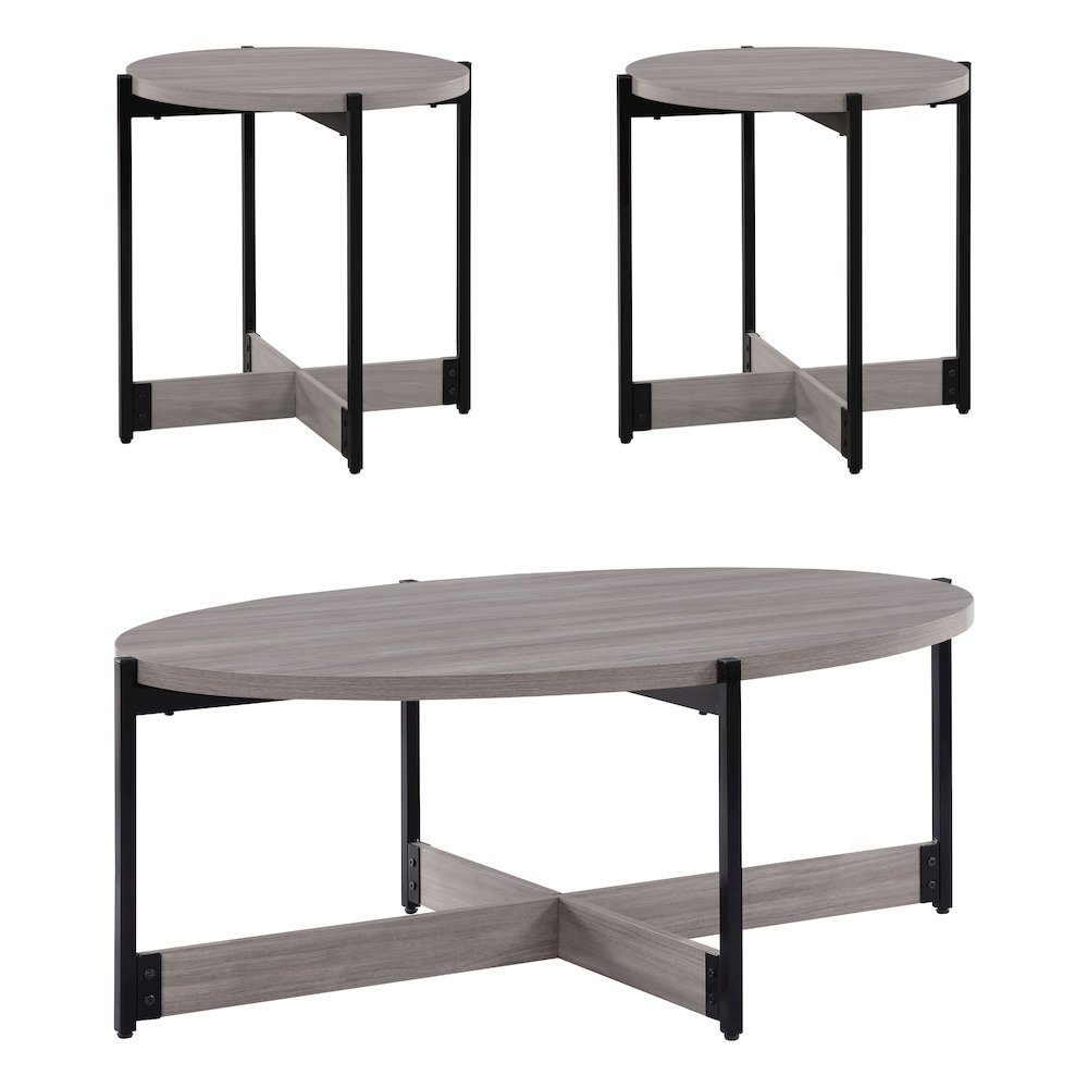 3 Piece Occasional Table Set in Grey Woodgrain Finish with Black Metal Legs. Picture 1