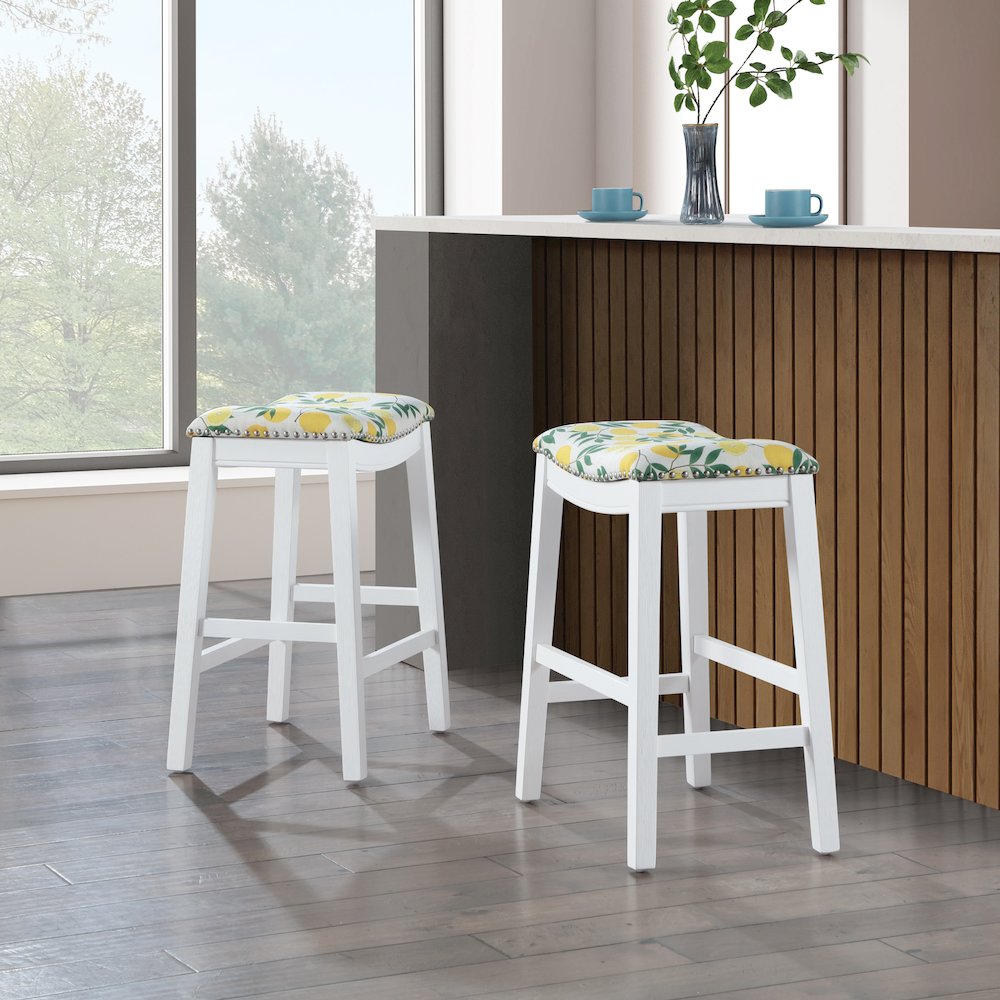 Saddle Stool 24" in lemons Fabric With White Wood Finish 2-Pack. Picture 9