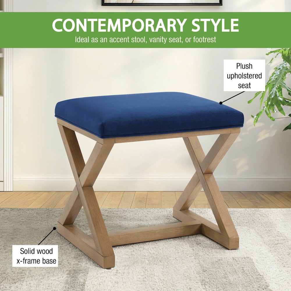 Carson X-Frame Stool in Navy Fabric and Medium Oak Finish Wood. Picture 11