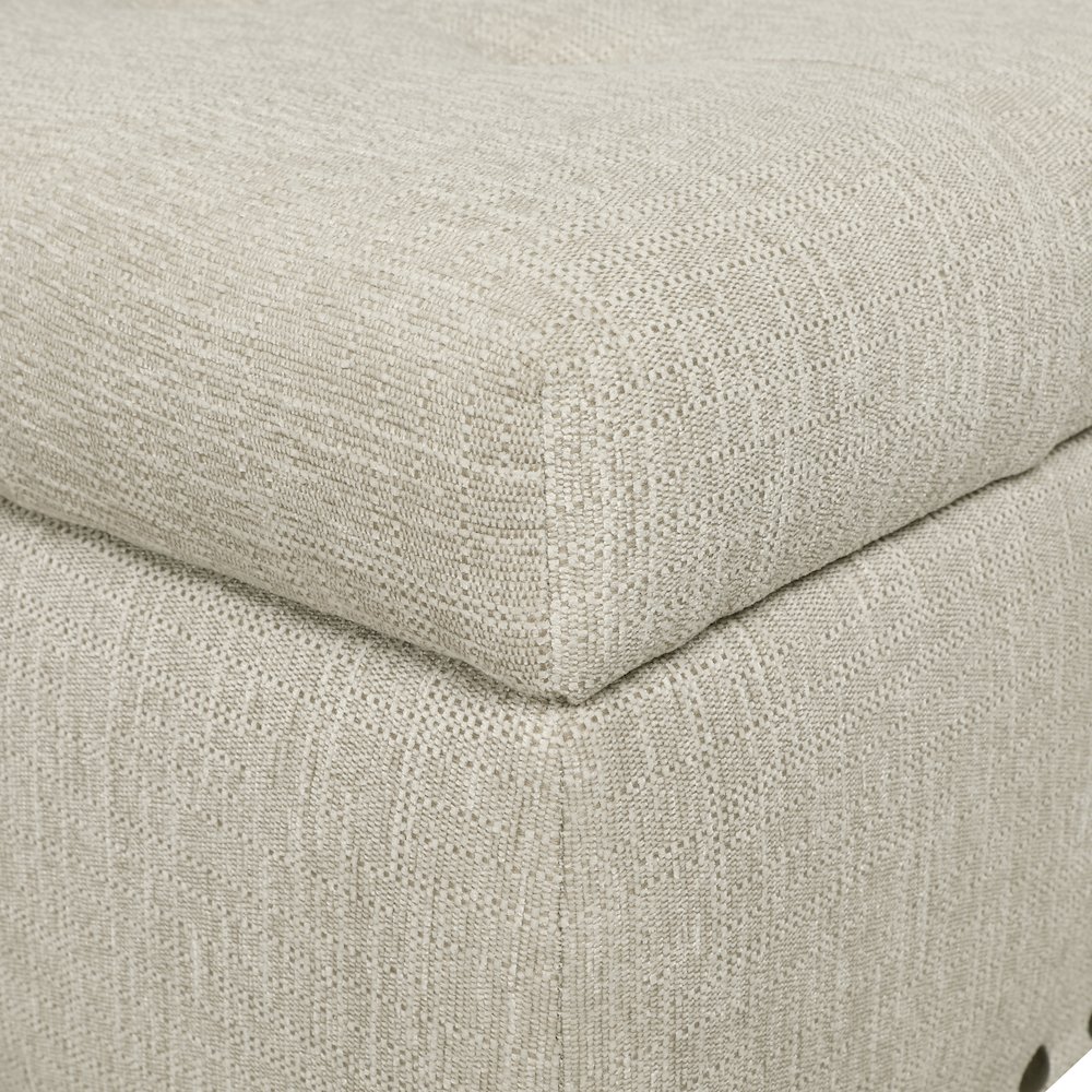 Woodbury Storage Bench in Linen with Antique Bronze Nail Heads with Brushed Legs. Picture 11