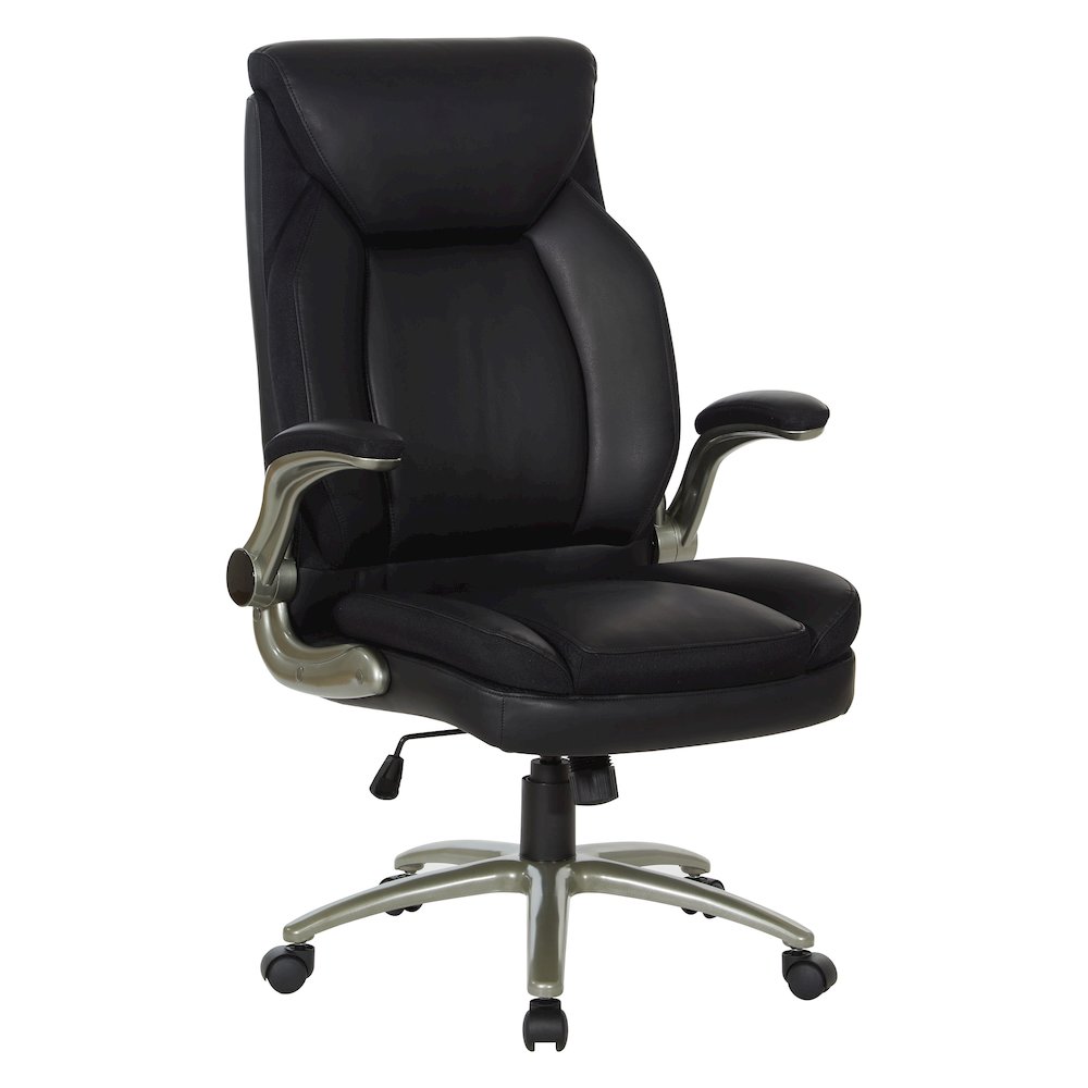 Black Leather Big & Tall Chair with Padded Flip Arms and Titanium Base. Picture 1