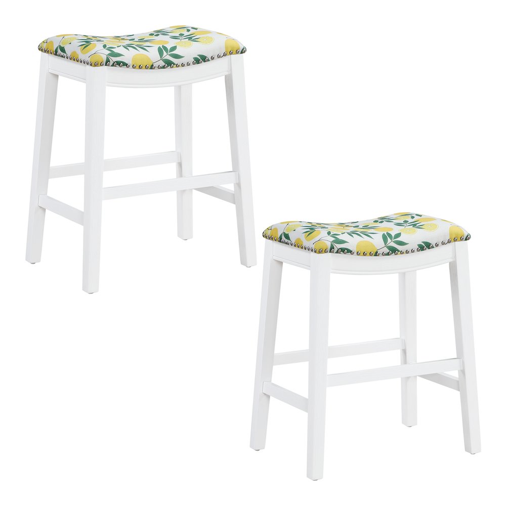Saddle Stool 24" in lemons Fabric With White Wood Finish 2-Pack. Picture 1