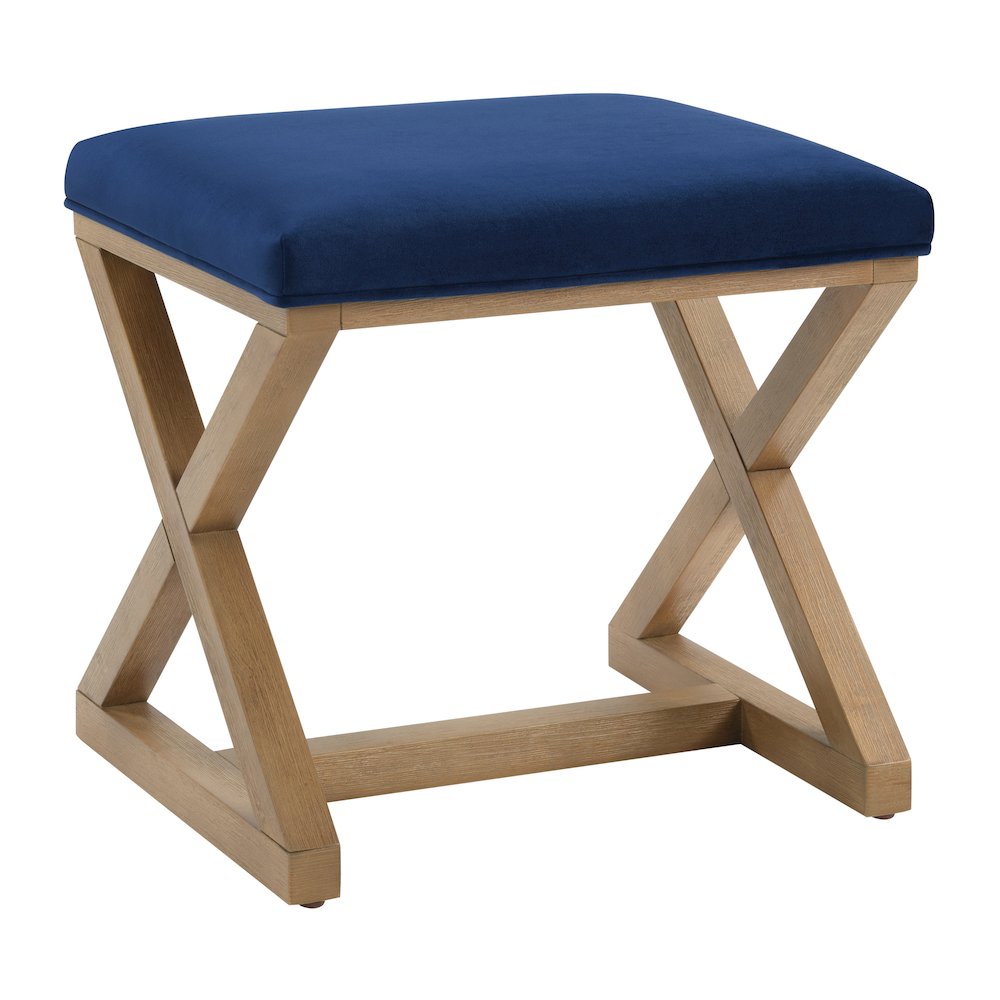 Carson X-Frame Stool in Navy Fabric and Medium Oak Finish Wood. Picture 1