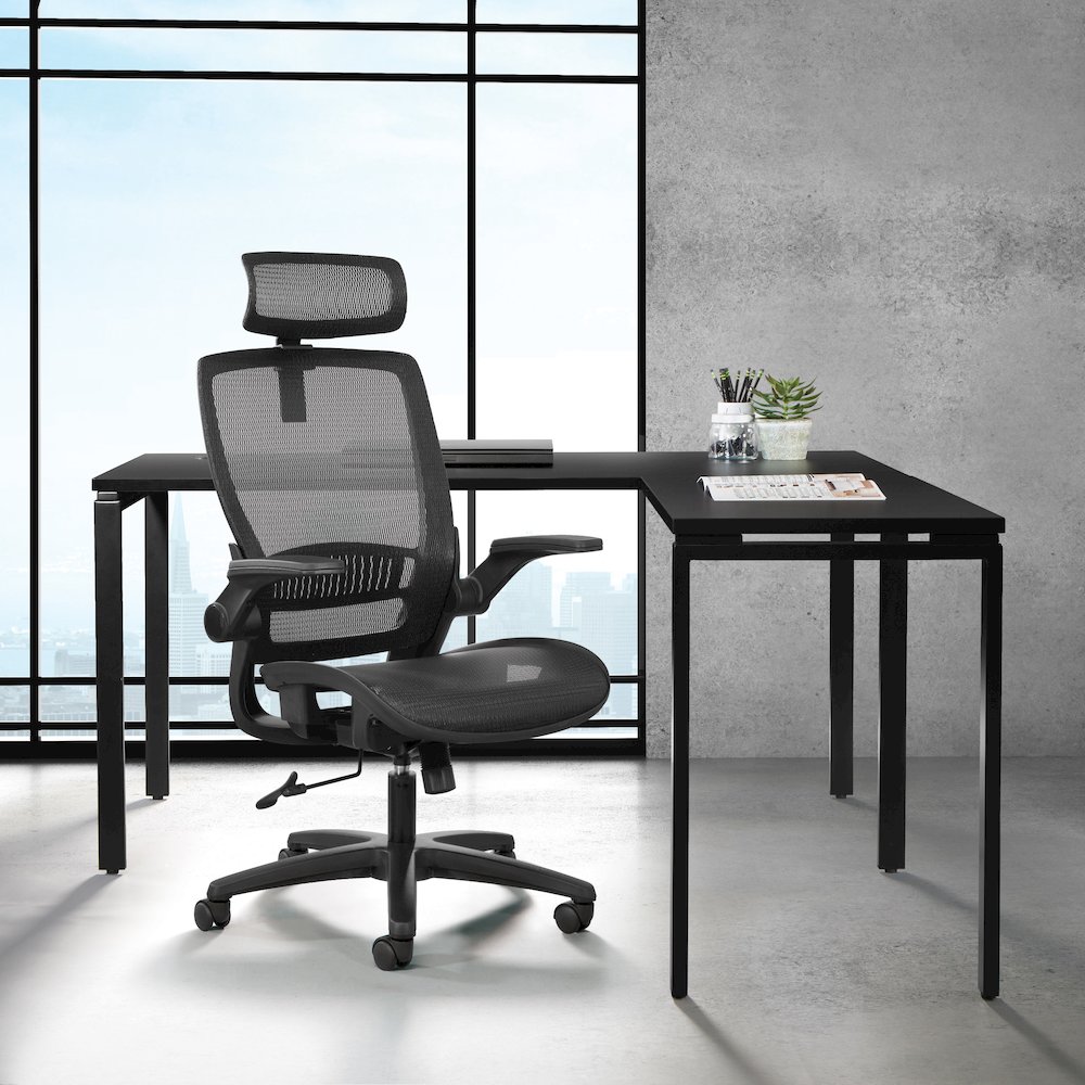 Managers Chair With Mesh Back And Seat And Adjustable Flip Arms And Headrest. Picture 9