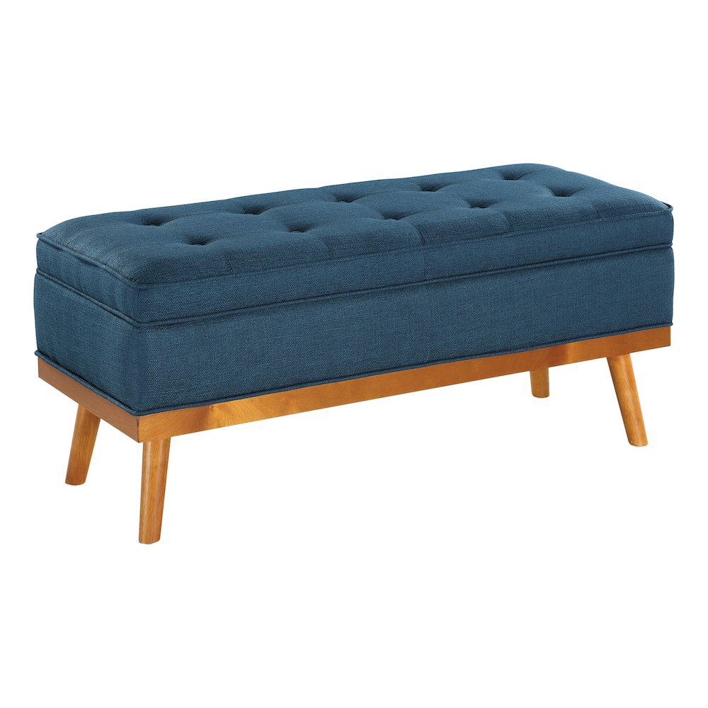 Katheryn Storage Bench in Azure Fabric with Spice Finish Legs. Picture 1