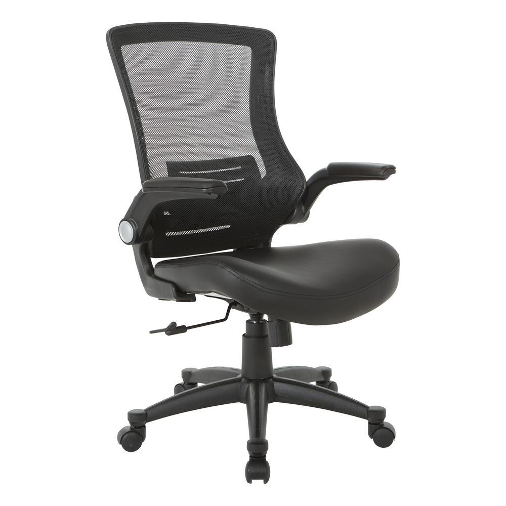 Screen Back Manager's Chair in Black Faux Leather Seat with PU Padded Flip Arms with Silver Accents, EM60926P-U6. Picture 1