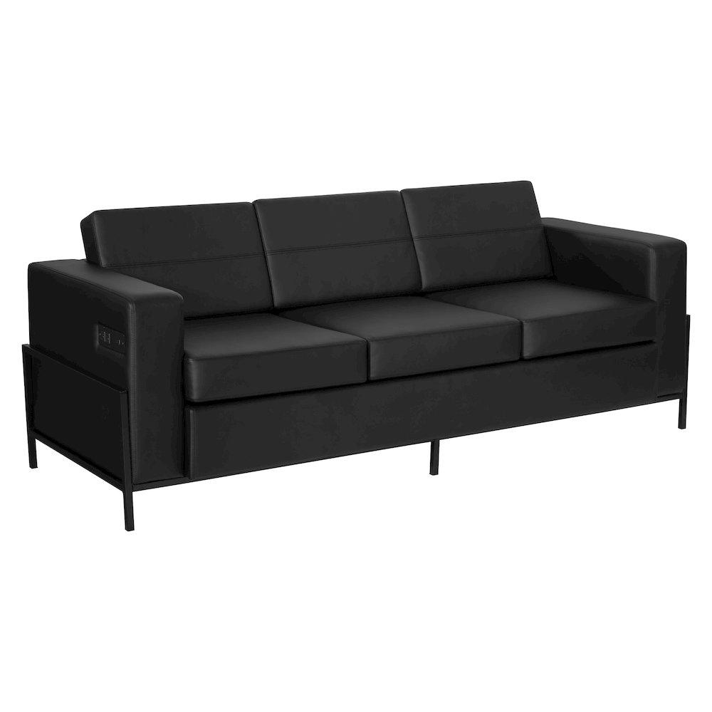 Arctic Sofa in Black Faux Leather with USB and USB-C Charging Stations. Picture 1
