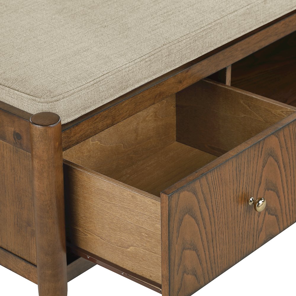 Marilyn Storage Bench with Walnut Wood finished and Brown Fabric Padded seat. Picture 10