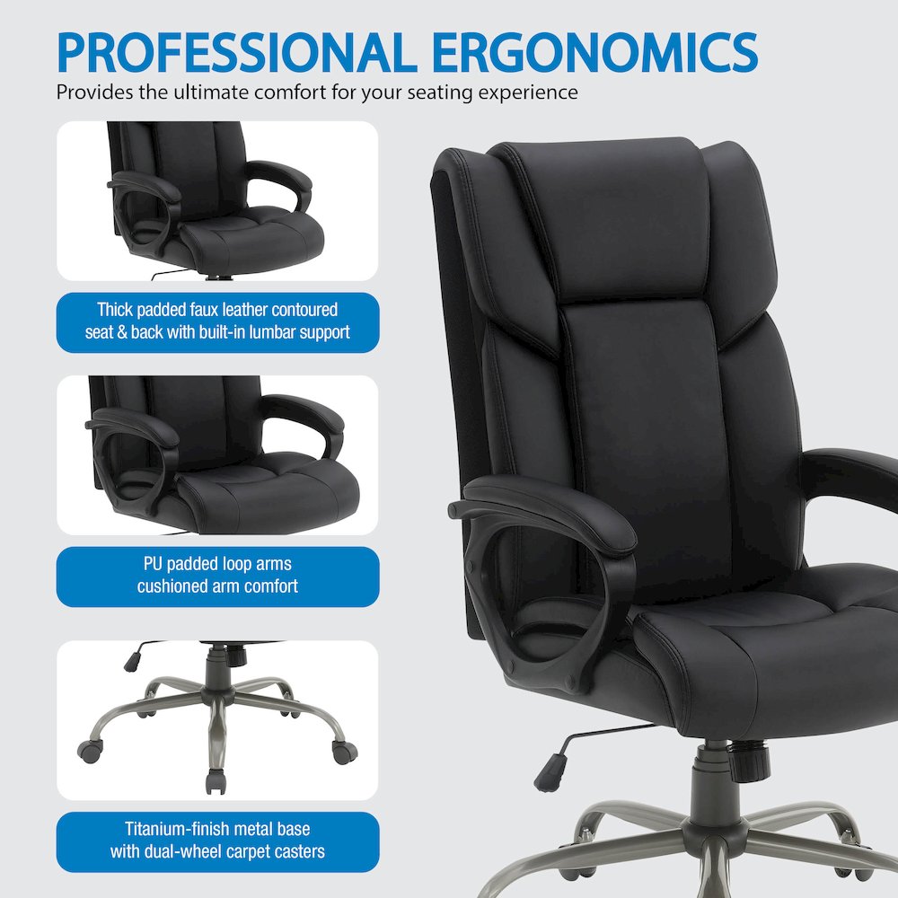High-Back in Black Faux Leather Executive Chair with Padded Arms. Picture 7