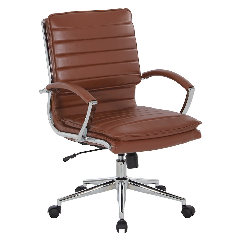 Mid-Back Manager's Chair in Saddle Faux Leather, Chrome Arms & Base. Picture 1