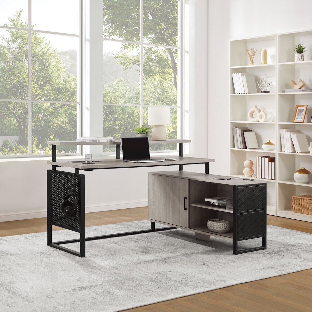 Ace 60"x 50" L-Shape Desk in Grey Taupe Top and Matte Black Frame. Picture 7